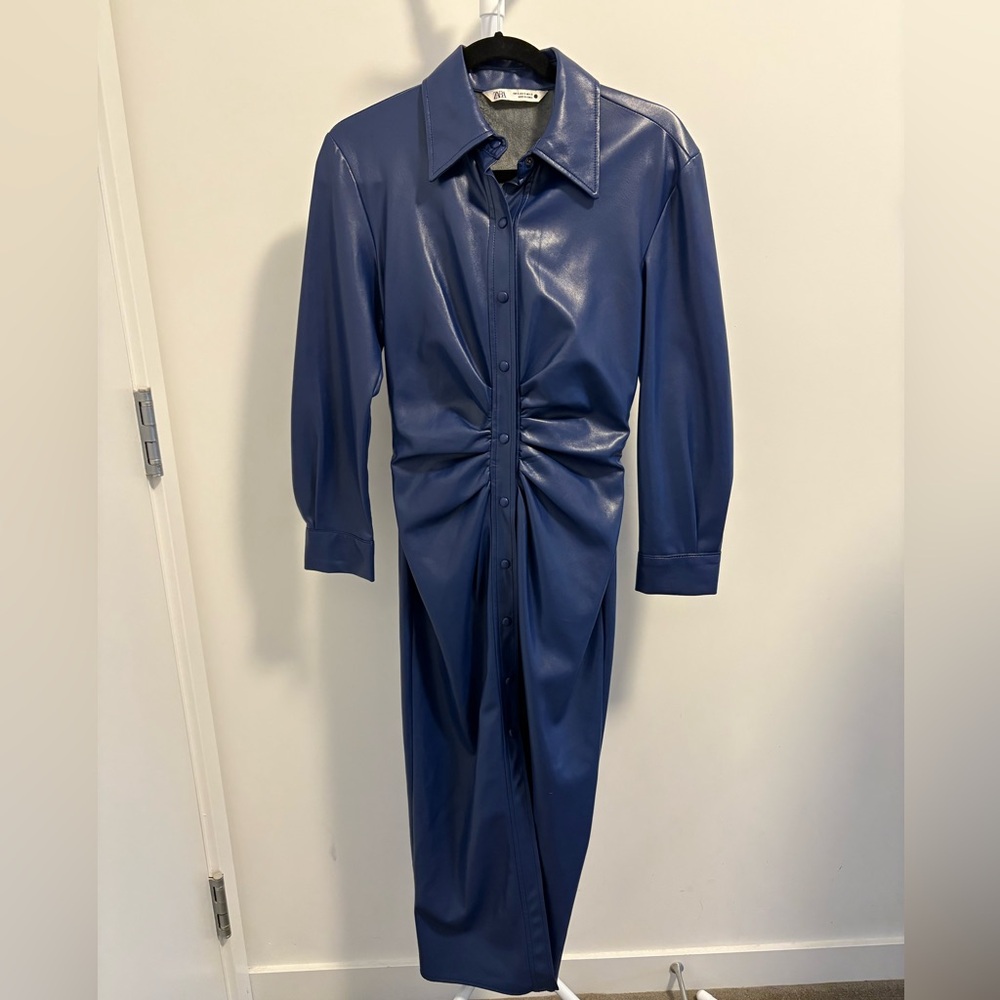 Blue Faux Leather Button-Down Dress